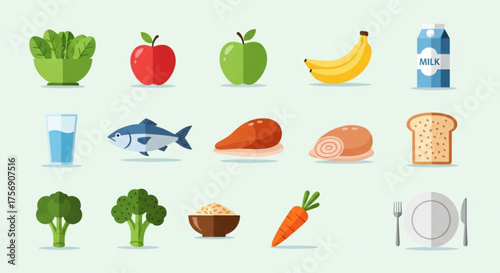 Healthy food vector illustration set fresh fruits, vegetables, meat, fish, milk, bread, and rice for a balanced diet