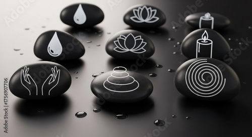 Collection of smooth black stones with wellness and spa icons, including water drop, lotus flower, candle, hands, pyramid, and spiral