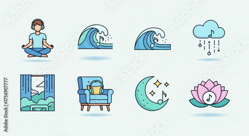 Collection of eight colorful icons representing music for relaxation, meditation, and sleep, featuring a person meditating, waves, rain, and lotus flowers