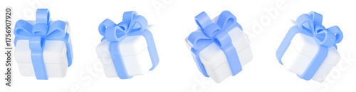 3d set gift boxes white color with a blue ribbon bow. Christmas, birthday, ads, promotion. Stock vector illustration on isolated background.