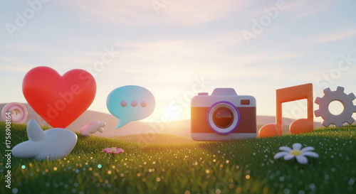 Whimsical 3d render of social media icons and a camera on a grassy field, bathed in soft sunlight, conveying creativity and connection
