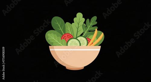 Illustration of a bowl of fresh salad with lettuce, tomatoes, cucumbers, and carrots, a healthy and nutritious meal for a balanced diet and lifestyle
