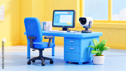 Whimsical Blue Office Illustration