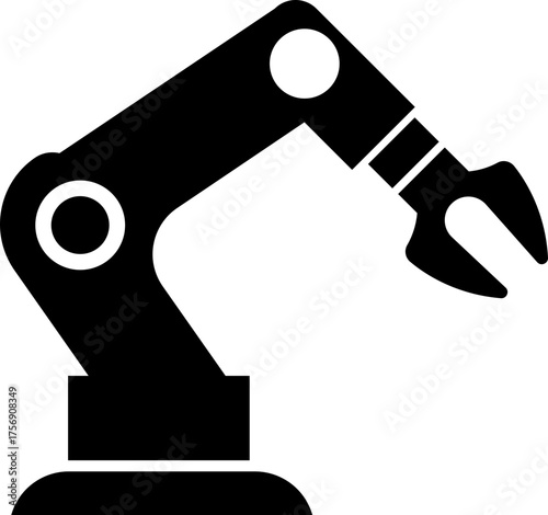 Robotic Arm Icon and Industrial Automation Vector of Mechanical Robot Hand, Factory Machine, Engineering Technology Symbol in Black Flat Style