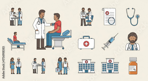 Illustration of various medical icons, including doctors, patients, equipment, and buildings, representing healthcare, treatment, and medical services