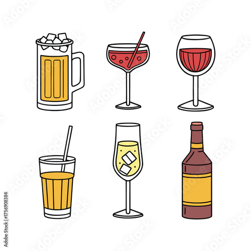 Collection of six popular drinks and beverages in glasses and bottle illustrated art