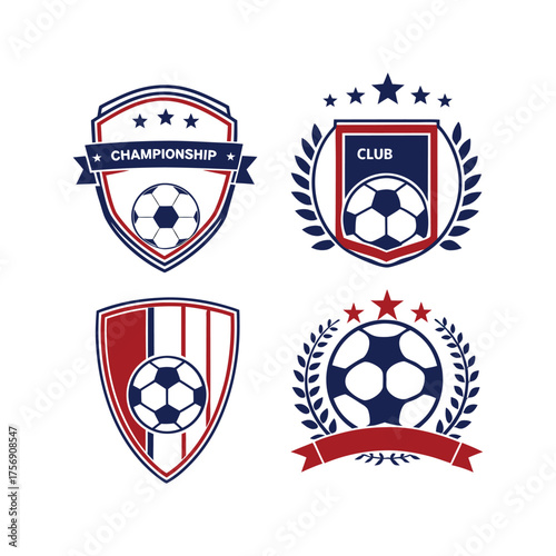 Set of four stylized soccer badges with footballs laurels ribbons and shields for sports branding