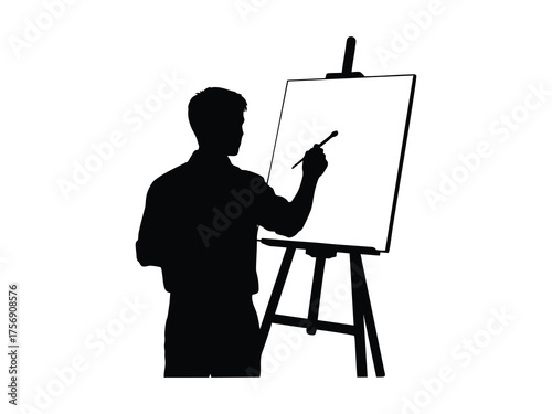 Silhouette vector of a person painting on canvas with a white background