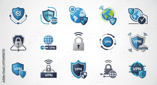 Set of blue and green vpn icons, symbolizing virtual private network, security, and secure online browsing