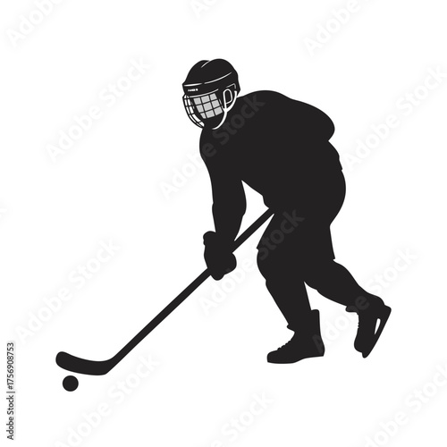 Dynamic ice hockey player silhouette in action striking puck on white canvas