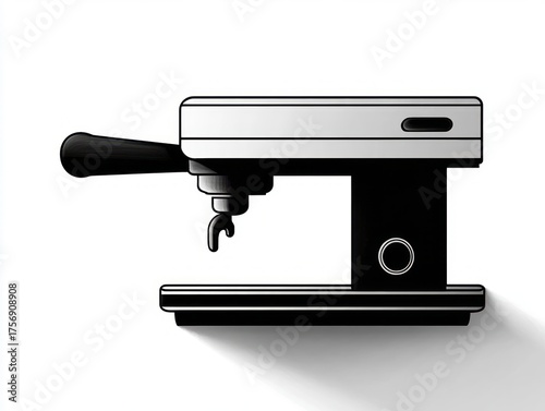 Minimalist black and white illustration of a modern espresso machine with a portafilter and sleek design casting a shadow on a white background