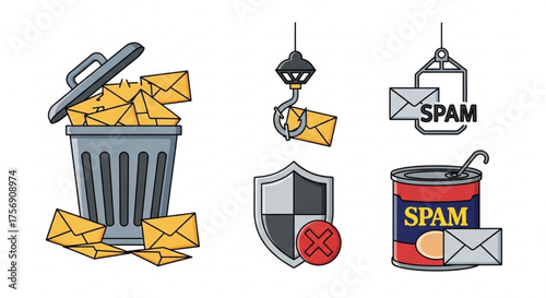 Collection of spam and junk mail icons set of email, message, letter, trash, phishing, and security icons vector illustration
