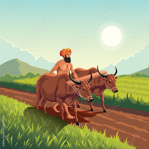 Traditional Indian Farmer with Oxen in the Field 