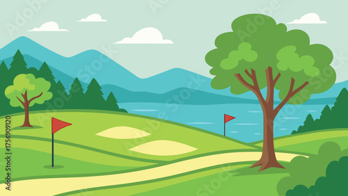 Beautiful golf course landscape with trees hills lake and green fairway on a sunny day