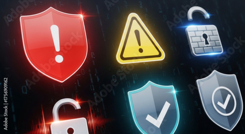 Digital illustration of security shields and warning signs, symbolizing data protection and cybersecurity threats in a hightech environment