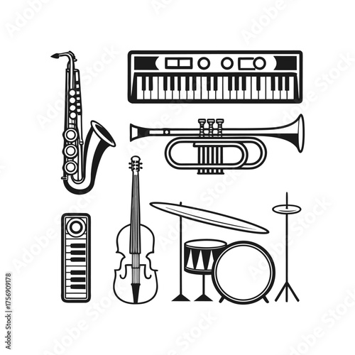 Collection of vintage musical instruments icons featuring saxophone violin trumpet keyboard drum kit