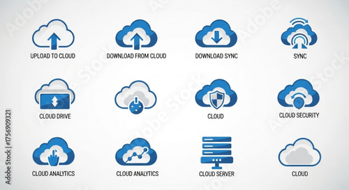 Collection of cloud computing icons representing data storage, security, analytics, and server functions