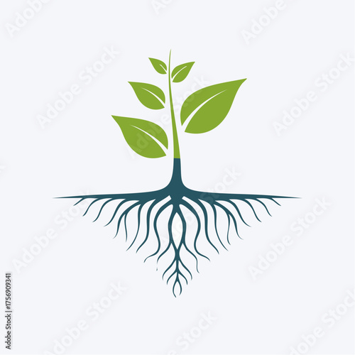 Conceptual Illustration of a Sprout with Roots Depicting Growth, Nature, and Sustainability