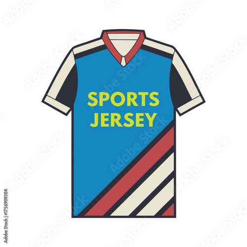 Blue sports jersey with yellow text graphic design and red white stripes