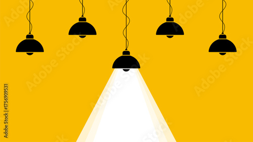 Minimal hanging lamps casting bright light on yellow background, concept of idea spotlight and creativity illumination