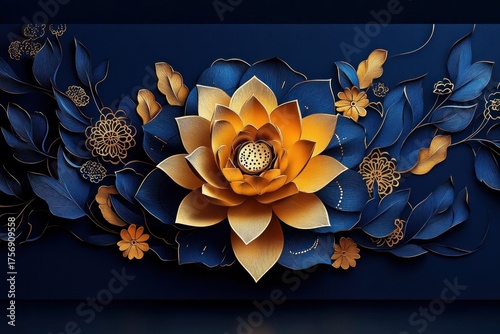 Intricate golden and deep blue floral arrangement with layered petals and detailed leaves on dark background, evoking elegance and sophistication