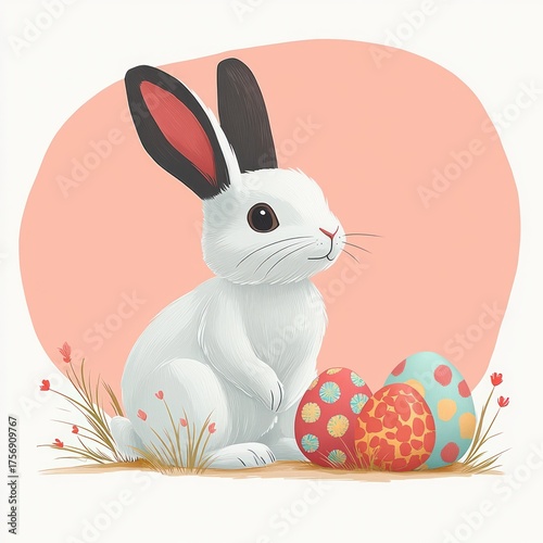 A white rabbit with black and pink ears sitting on grass beside three colorful decorated eggs on a soft peach background