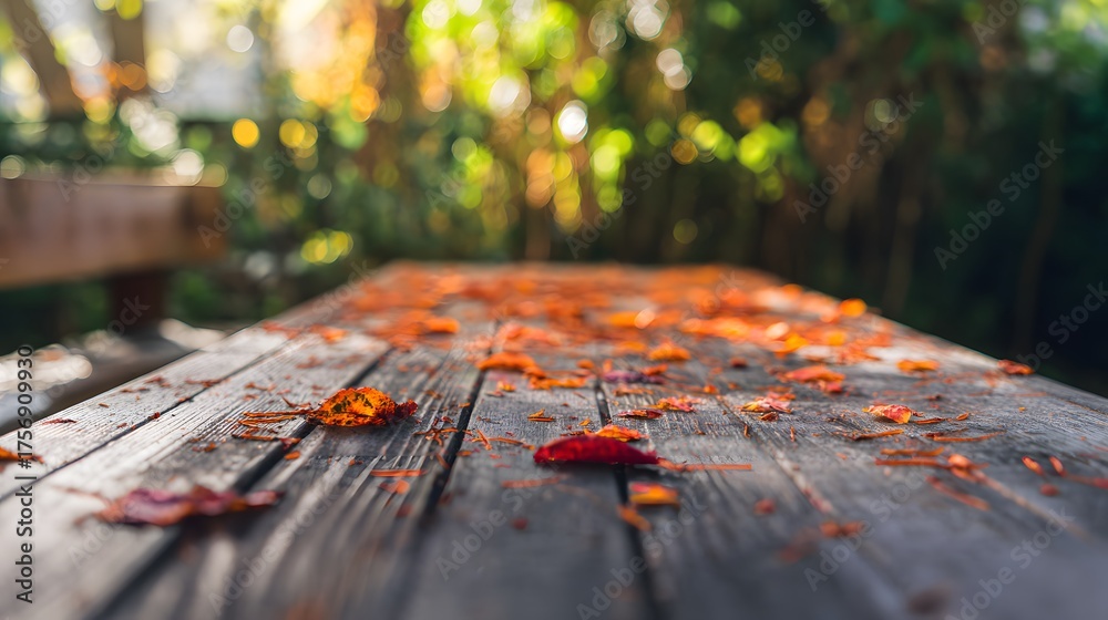 Fototapeta premium Cozy autumn scene wooden table scattered leaves warm sunlight evokes a peaceful fall lifestyle image