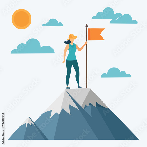 Depiction of a Woman Triumphantly Planting a Flag atop a Snowy Mountain Peak