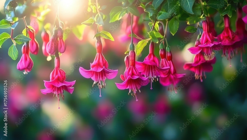 Fototapeta premium Close-up of vibrant pink hanging flowers illuminated by soft sunlight with green leaves and a blurred colorful background creating a serene and peaceful atmosphere