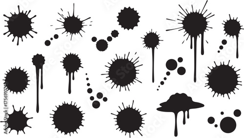 Black paint blots collection of vector icons. Cartoon paint splatters and ink splashes.