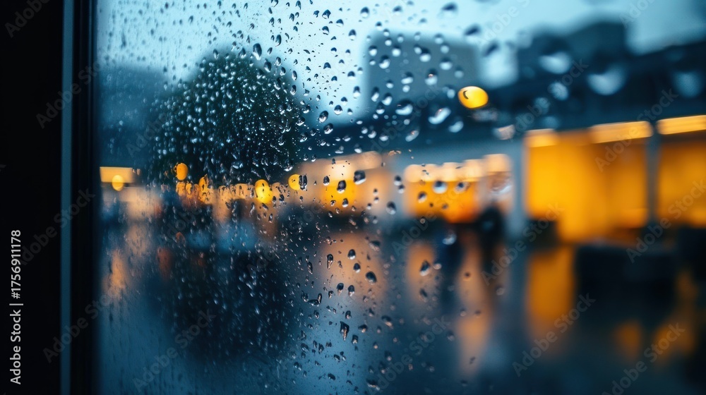 Obraz premium Close-up view of raindrops on a window glass with blurred warm yellow lights and buildings in the background on a rainy evening