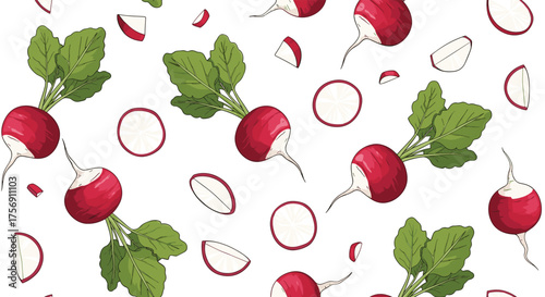Fresh red radishes with green leaves scattered on a white background.