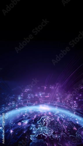Global digital network illuminates Earth connecting continents in a futuristic technological innovation concept