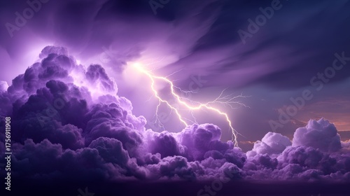 At night, a dark sky is set ablaze by dramatic purple storm clouds that are momentarily illuminated by brilliant lightning