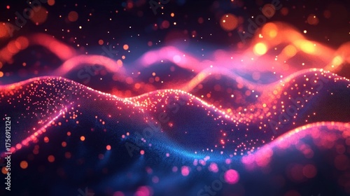 Glowing vibrant waves of shimmering particles in dark space creating a dynamic and futuristic digital landscape