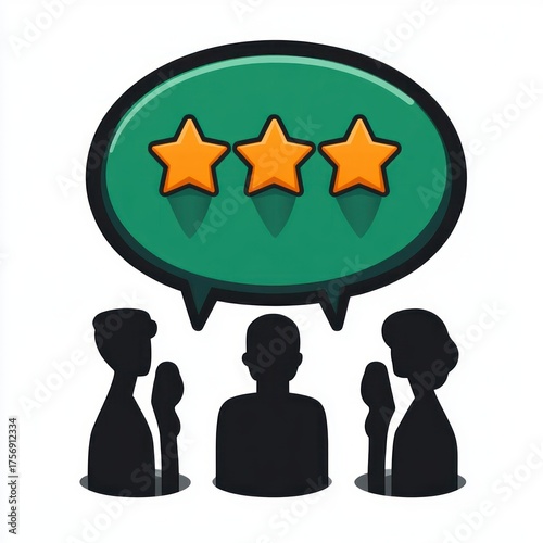 Three silhouetted people facing a large green speech bubble containing three orange stars, symbolizing feedback or ratings in a group discussion
