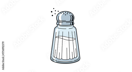 A transparent glass salt shaker filled with fine white salt and a silver metal cap dispensing some grains.