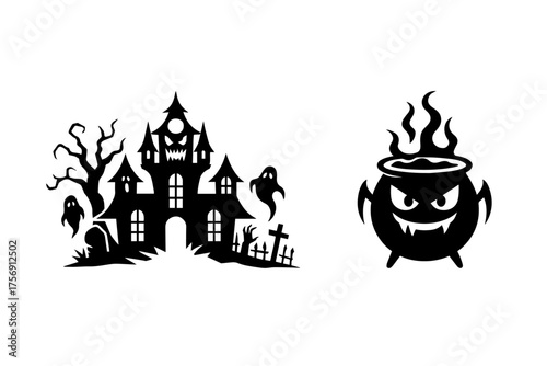 Set of two classic spooky Halloween silhouettes: a haunted mansion with ghosts and gravestones, and a wicked, fiery cauldron, conveying eerie landscapes, magical themes, and traditional holiday graphi