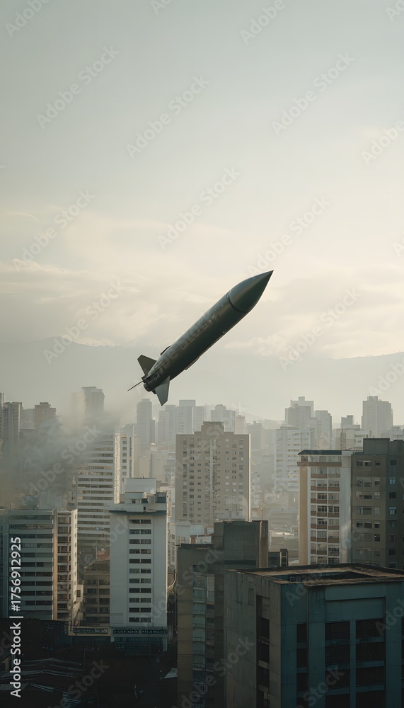 Naklejka premium A missile soars above city lights a dramatic modern image of power and urban evolution