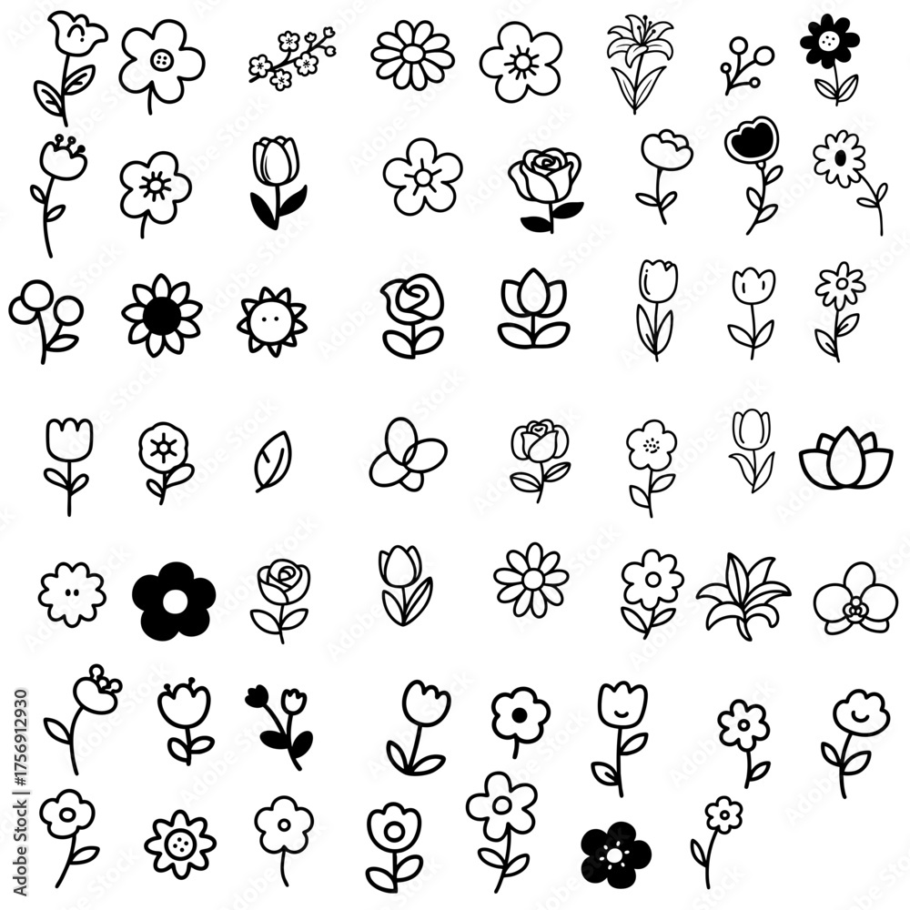 Fototapeta premium Vector Flowers Simple Minimalist Monochrome