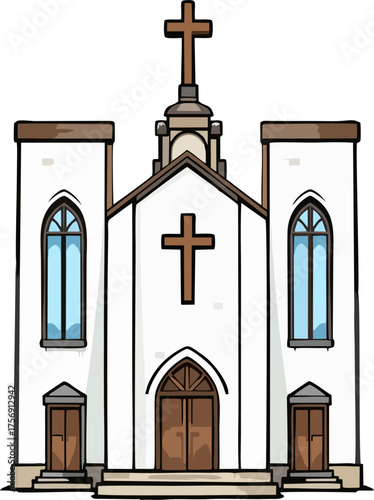 Modern Church Building Vector Illustration, Large Cross and Tall Windows Christian Architecture Isolated
