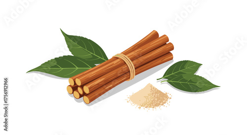 A bundle of cinnamon sticks tied with twine alongside fresh green leaves and a small pile of cinnamon powder.