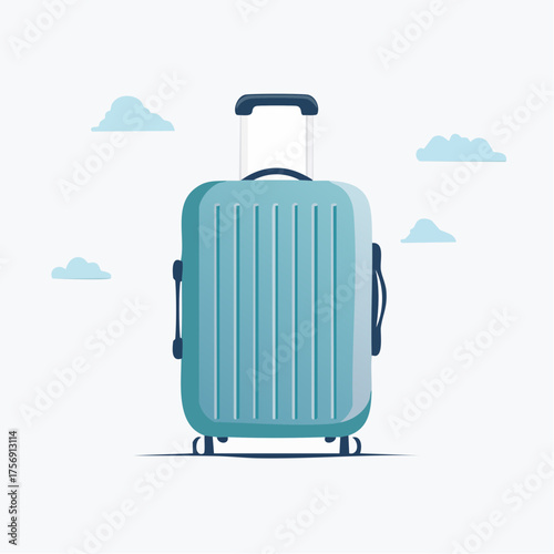 Illustration of a blue rolling suitcase with clouds symbolizing travel and journeys