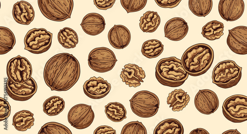 A delightful pattern showcasing whole and halved walnuts scattered across a textured background providing a wholesome and natural visual.