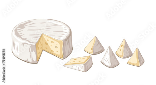 A wedge of soft white cheese is cut from a round wheel of cheese and displayed alongside four triangular slices of the same cheese.