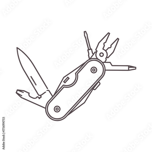 Line art illustration of a multi tool with knife pliers screwdriver and awl vector