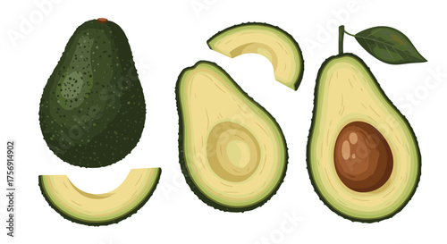 A refreshing illustration showcasing whole and sliced avocados ready for culinary preparation.