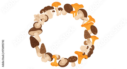 A decorative wreath composed of various wild edible mushrooms arranged in a circle.