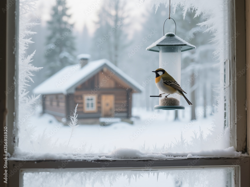 Naklejka premium Bird perched on feeder outside frosty window in winter landscape