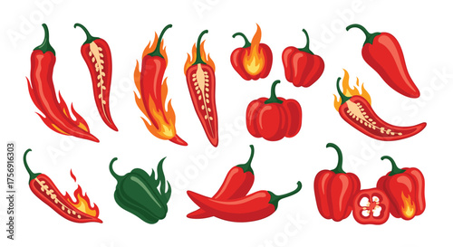 A vibrant collection of fresh and fiery red chili peppers and bell peppers symbolizing heat and flavor.